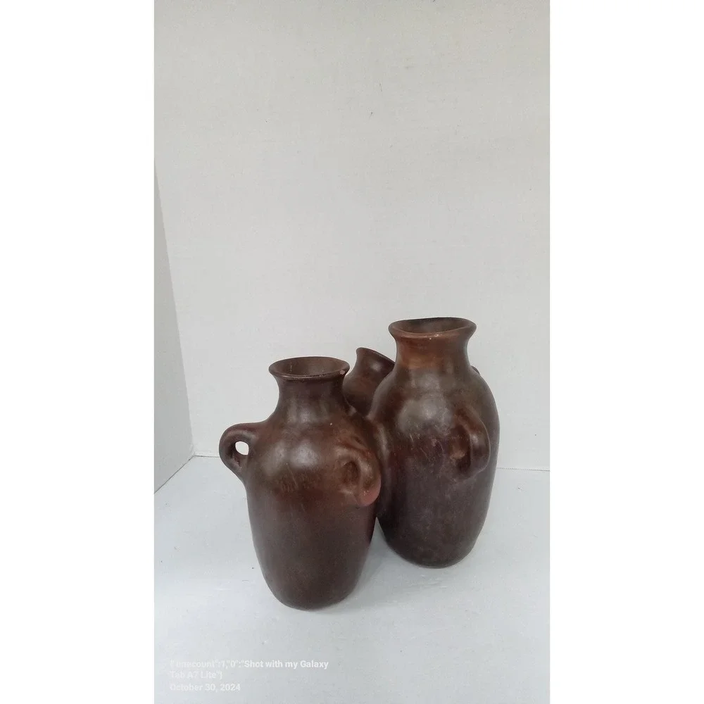 Rustic Brown Clay Pottery Vase Set of 3 Handled Decorative Jugs‎ Vessels